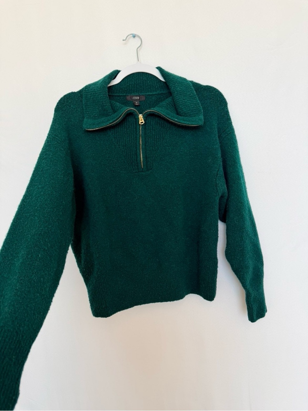 J crew women Preppy Fuzzy Knit Quarter Zip Collared Sweater Forest Green M